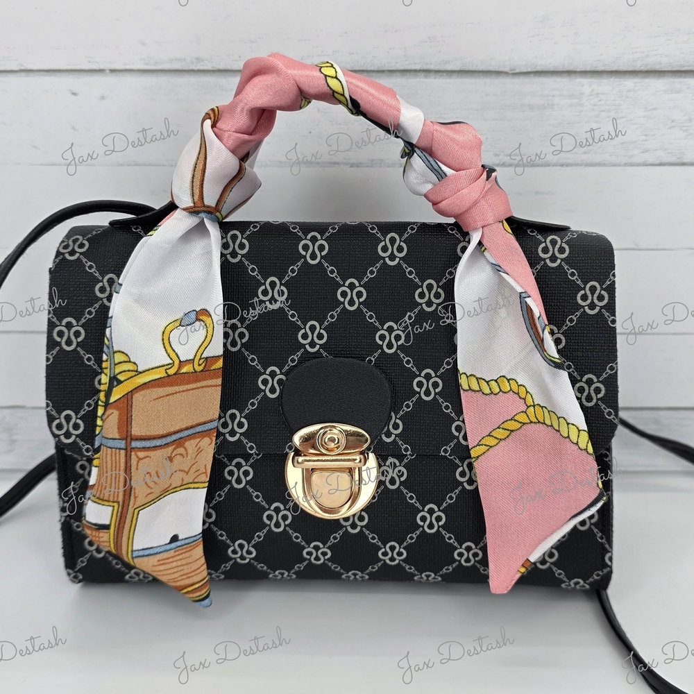 Black Patterned Crossbody Bag with Pink Scarf Tie PR47420